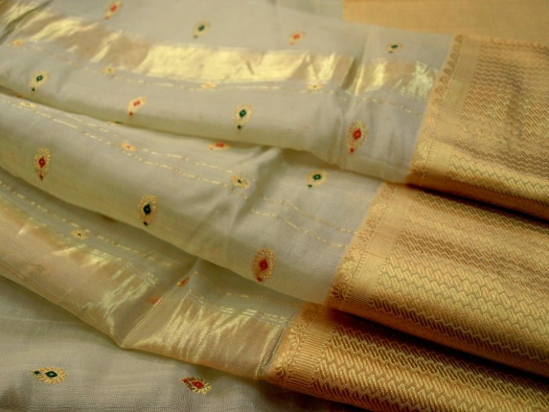A vintage Chanderi saree with small gold butis filled with colour. Photograph courtesy and copyright Hands of India