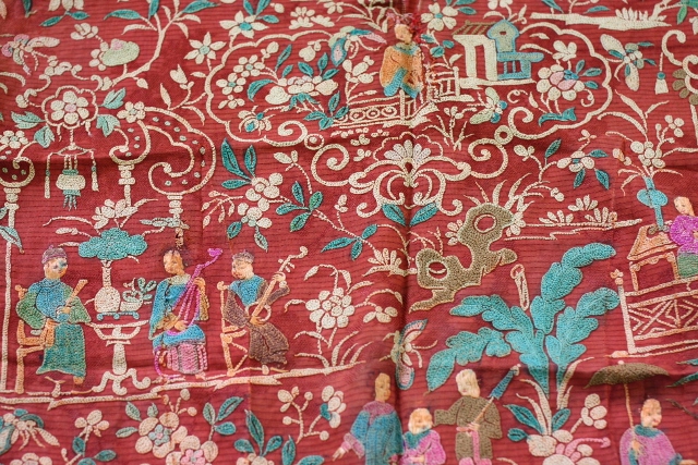 Chinese-inspired patterns and vivid imagery on an antique jhabla