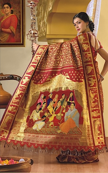 A kanjeevaram with a Ravi Verma paiting woven in its pallu. No way of knowing the source or authenticity of the claim that this saree costs INR 30 lakhs. But here it is, since we are on the subject.