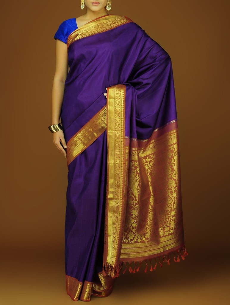 This Kanjeevaram saree depicts a Ganda Berunda – a mythical two-headed bird known to possess magical powers. It is also one of the physical forms of Narsimhan – half man half lion – an avatar of Vishnu. Courtesy and copyright of www.jaypore.com